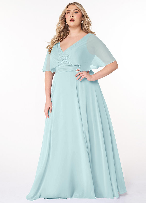Azazie Pamela Robes Demoiselle d'honneur Robe Trapèze en Mousseline de soie Col V plissé Verre De Mer image1