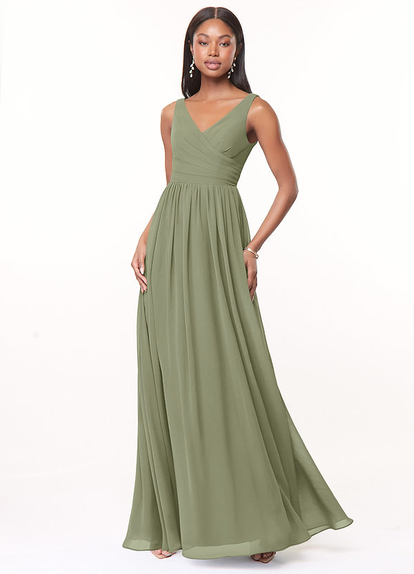 Azazie Keyla Bridesmaid Dresses Pistachio A-Line V-Neck Pleated Chiffon Dress image1