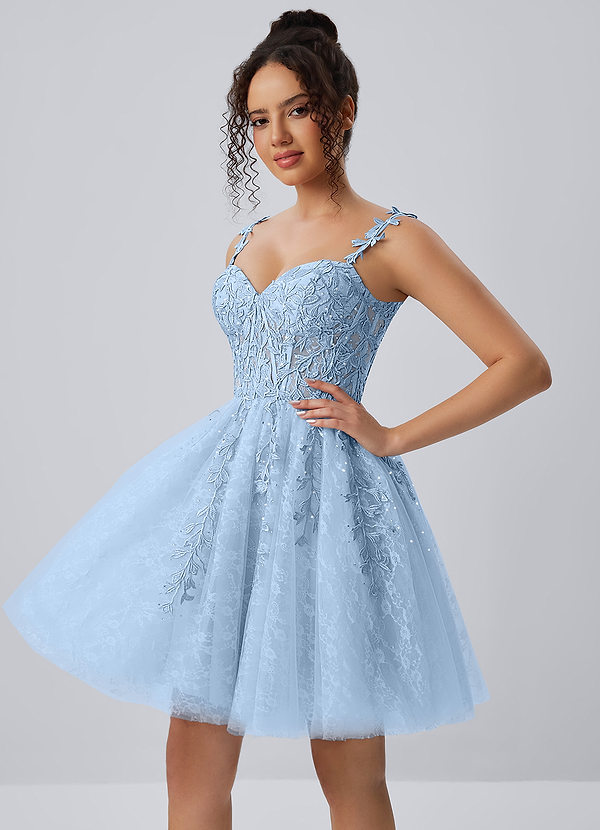 Raphinase Sky Blue Lace Tulle Beading Corset A line Lace-Up Mini Dress image1