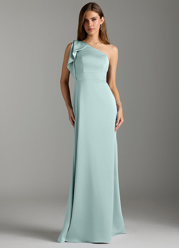 Azazie Rinna Bridesmaid Dresses Sea Glass Mermaid Ruched Stretch Satin Dress image1