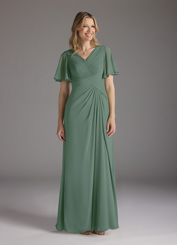 Azazie Morning Glory Mother of the Brides Dresses Eucalyptus A-Line V-Neck Ruched Chiffon Dress image1