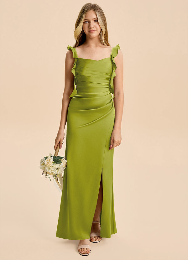 Azazie Jessamine Junior Lemongrass Sheath Ruched Stretch Satin Dress image1