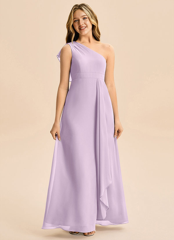 Azazie Delilah Junior A-linja Rypytetty Sifonki Lattian pituus Nuorempi morsiusneito Pukeutua image1