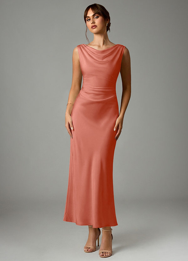 Azazie Kieryn Robes Demoiselle d'honneur Robe Sirène en Satin extensible Plissée Rose Saumon image1