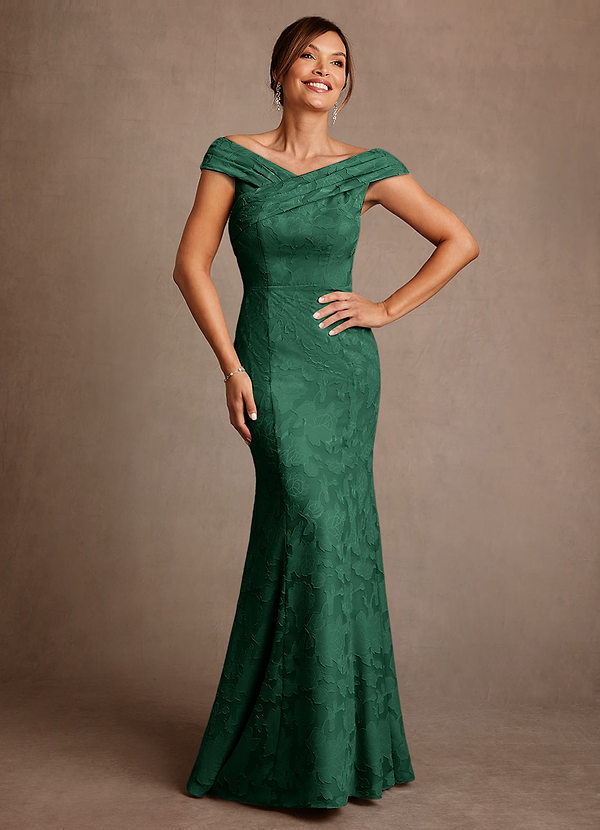Azazie Aberdeen Mother of the Brides Dresses Dark Green Sheath Pleated Floral Burnout Dress image1