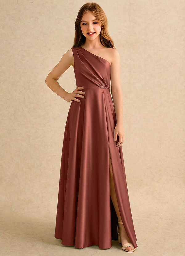 Azazie Puddles Girls Formal Robes de Fillette d'Honneur Robe Trapèze en Satin extensible Une épaule Auburn image1