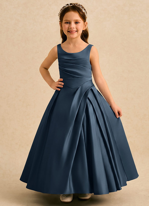 Azazie Audrey Flower Girl Dresses Neptune A-Line Pleated Matte Satin Dress image1
