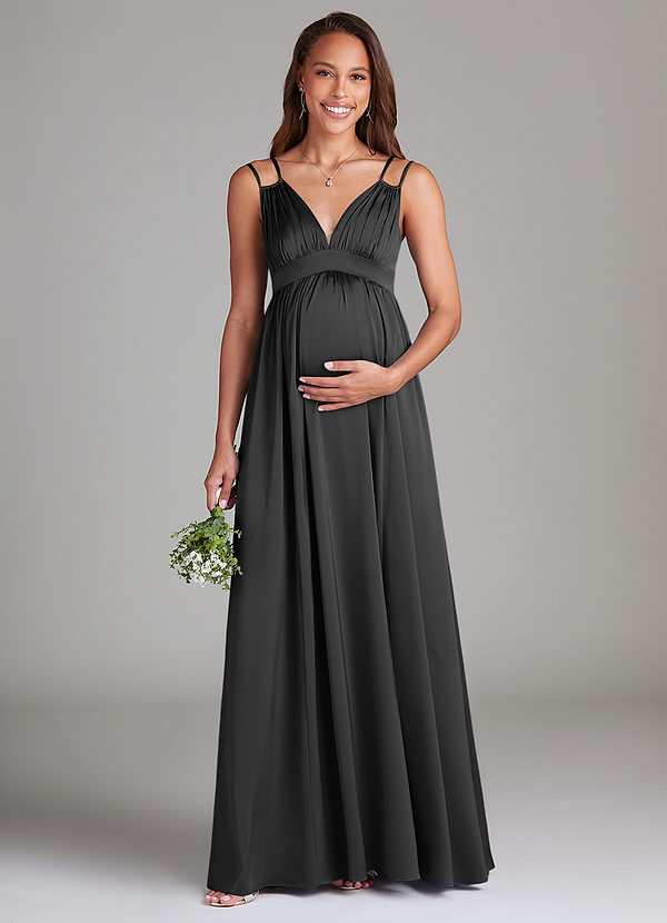 Azazie Emree Maternity Bridesmaid Dresses A-Line Stretch Satin Floor-Length Dress with Pockets image1