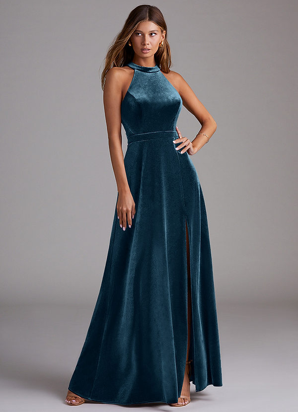 Azazie Clarice Bridesmaid Dresses Blue Topaz A-Line Side Slit Velvet Dress image1