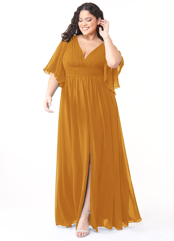 Azazie Temeka Robes Demoiselle d'honneur Robe Trapèze en Mousseline de soie Rayé Caramel écossais image1