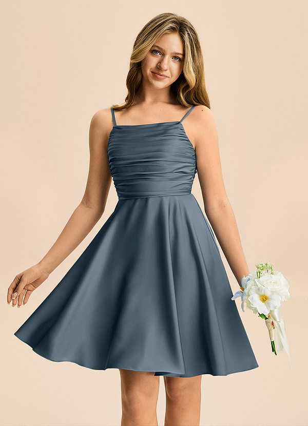 Azazie Miko Junior Vestido de Crepúsculo de Satén Elástico de Corte en A con Plisado image1