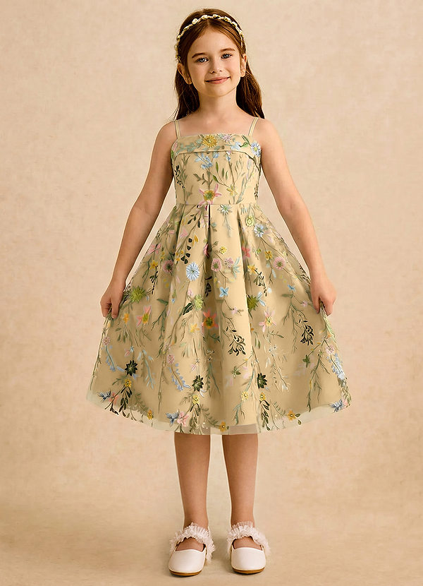 Azazie Meadow Girls Formal Sukienki dla dziewczynek sypiących kwiaty Linia A Pofałdowany Sznurówka Długość do kolan Sukienka image1