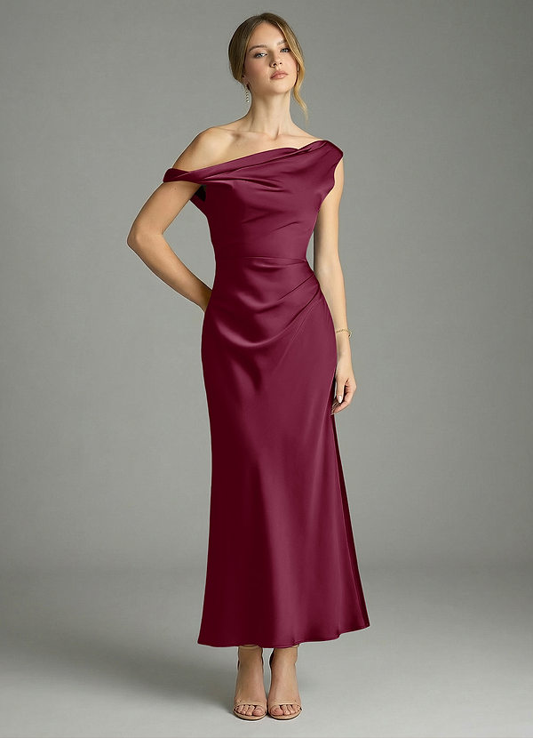Azazie Emerson Bridesmaid Dresses Mulberry Mermaid Off the Shoulder Stretch Satin Dress image1