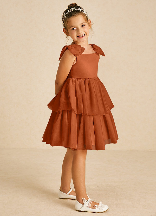 Azazie Vanellope Blumenkinder Kleider A-Linie Schleifen Tüll Kleid Gebranntes Orange image1