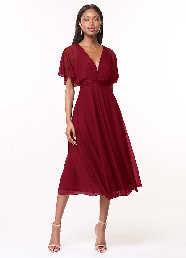 Azazie Tinsley Bridesmaid Dresses Burgundy A-Line Pleated Mesh Dress image1
