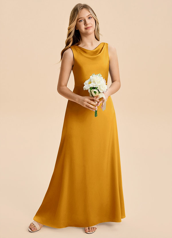Azazie Kiki Junior Butterscotch A-Line Bow Stretch Satin Dress image1