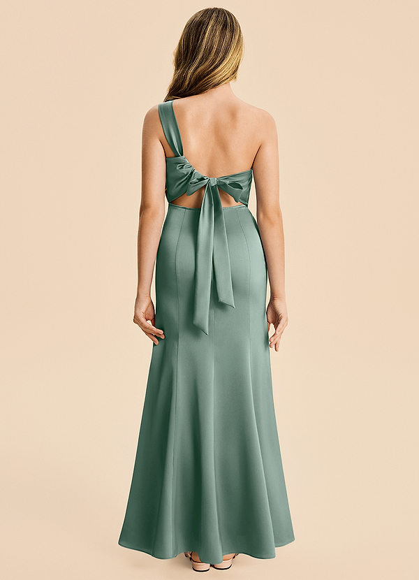 Azazie Ren Junior Robe Trapèze en Satin extensible Plissé Sauge D'argent image1