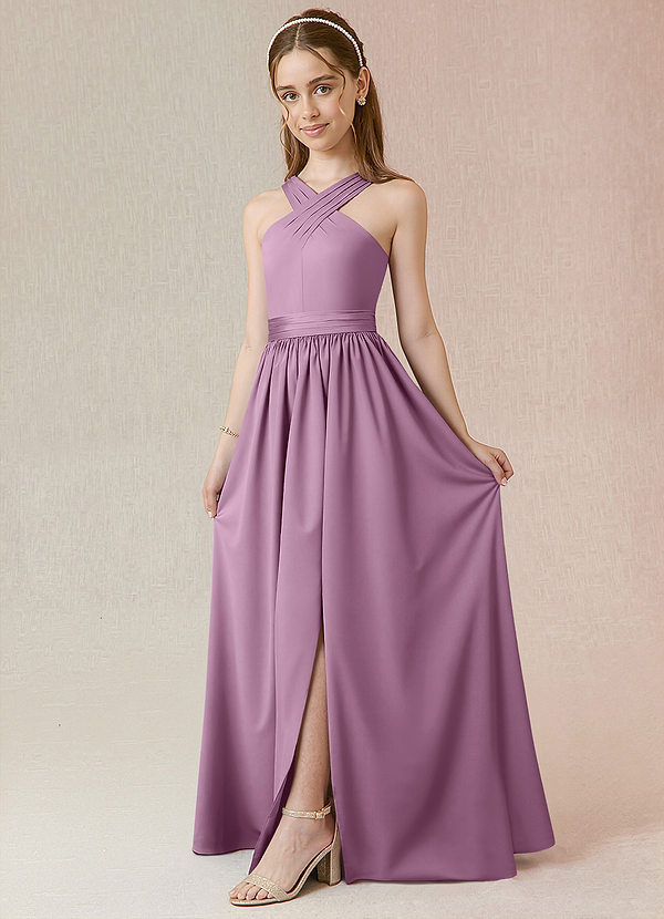 Azazie Jiya Junior Vestido Glicínia de Cetim elástico de Linha A com Plissado image1