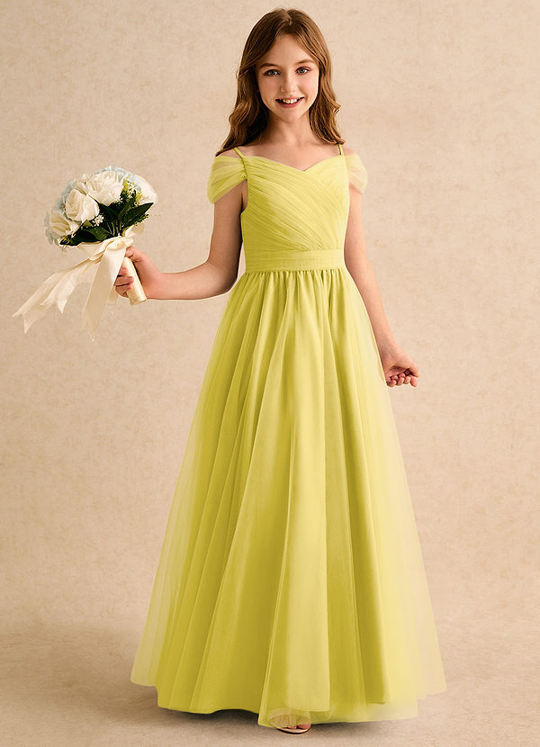 Azazie Yuna Girls Formal Abiti da Ragazza di Fiori Abito A-Line in Tulle a Spalla Scoperta Canarino image1