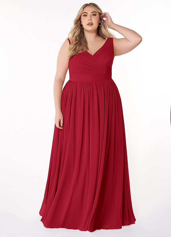 Azazie Keyla Bridesmaid Dresses Scarlet A-Line V-Neck Pleated Chiffon Dress image1