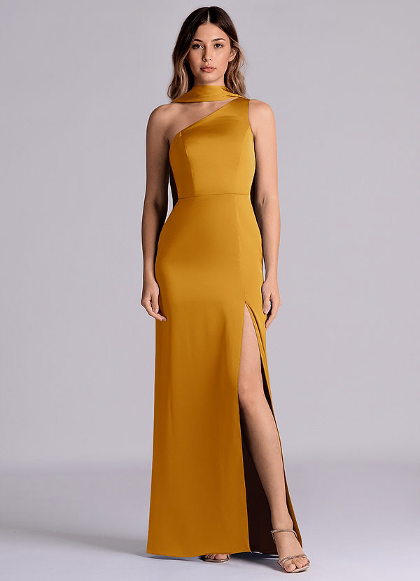 Azazie Philana Bridesmaid Dresses Butterscotch A-Line One Shoulder Stretch Satin Dress image1