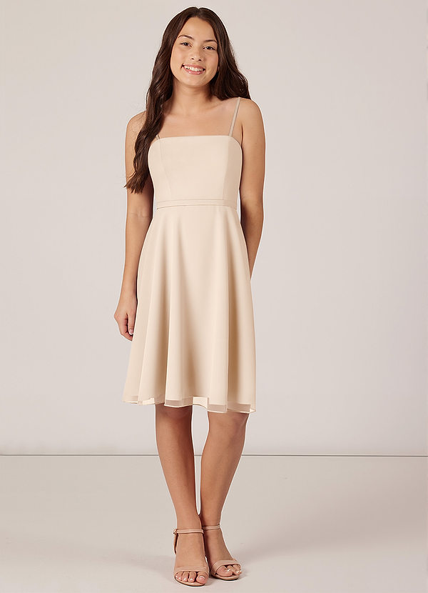 Azazie Kalie Junior White Alabaster A-Line with Belt Chiffon Dress image1
