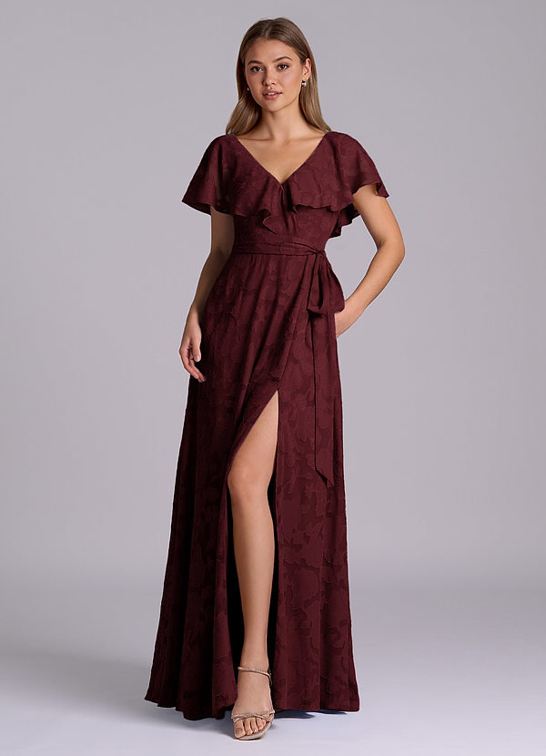 Azazie Lainey Bruidsmeisjes Jurken Jurk van Bloemen Burn-out met A-Lijn met Zakken Cabernet image1