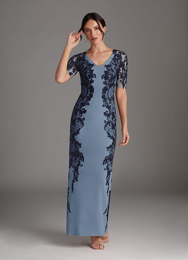 Azazie Farrah Abiti da Mamma Sposa Abito Tubino in Crepe Elasticizzato Pizzo Blu Scuro Blu Polvere image1