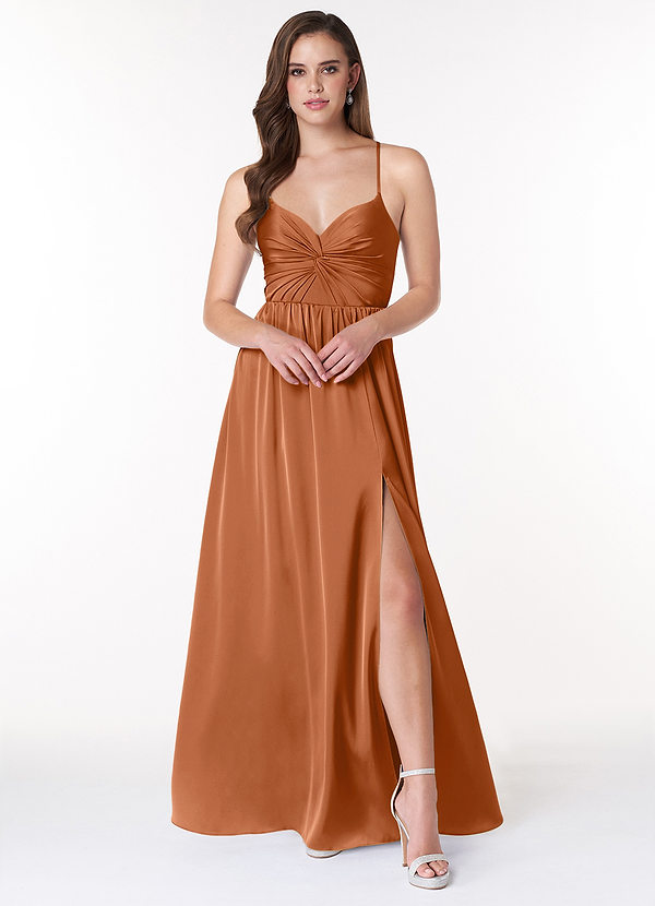 Azazie Raya Bridesmaid Dresses Copper A-Line V-Neck Pleated Stretch Satin Dress image1