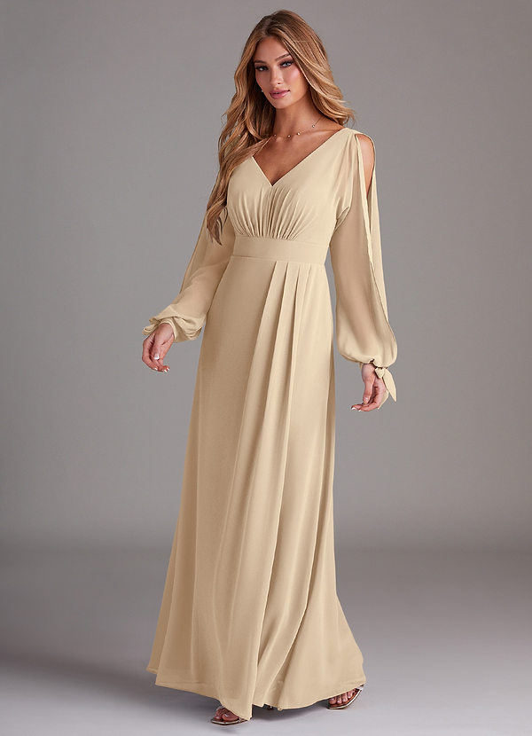 Azazie Matilda Bridesmaid Dresses Champagne A-Line Long Sleeve Chiffon Dress image1