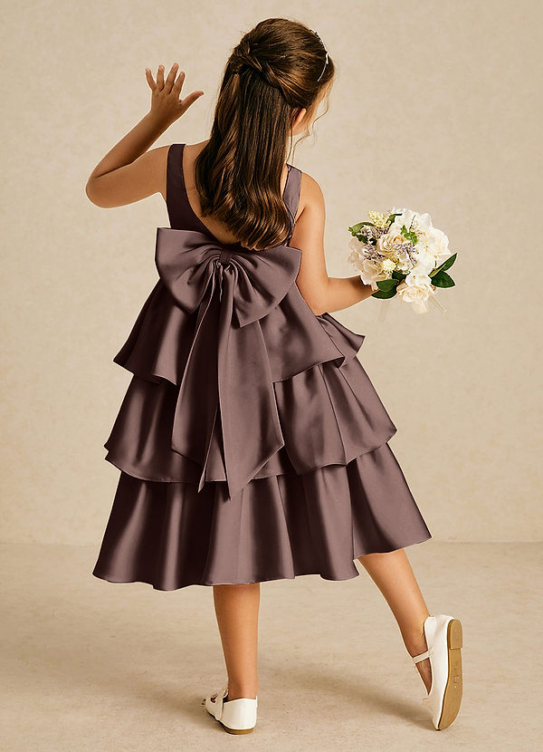 Azazie Margery Flower Girl Dresses Ganache A-Line Bow Stretch Satin Dress image1