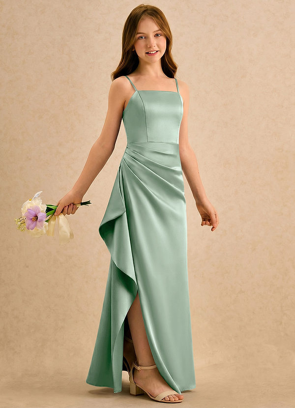 Azazie Cannoli Girls Formal Sukienki dla dziewczynek sypiących kwiaty Linia A Pofałdowany Satyna elastyczna Długość podłogi Sukienka image1