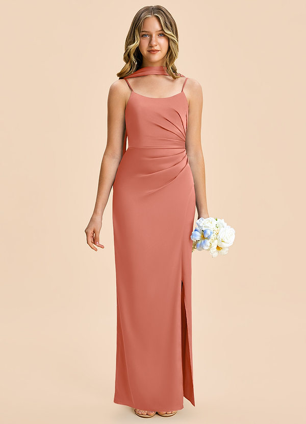 Azazie Calandra Junior Salmon Pink Sheath Pleated Stretch Satin Dress image1