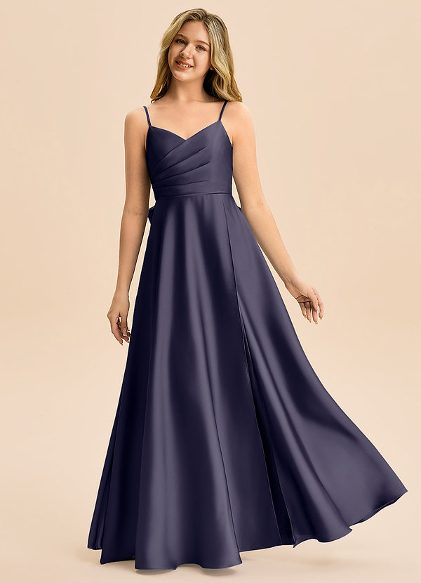 Azazie Rumi Junior A-Line Plisseret Stræk satin Gulv-længde Junior brudepige Kjole image1