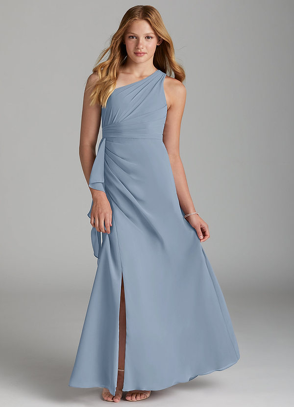 Azazie Maive Junior Dusty Blue A-Line Pleated Chiffon Dress image1