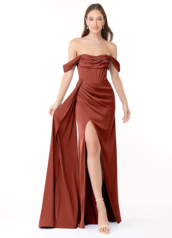 Azazie Amyra Robes Demoiselle d'honneur Robe Fourreau Convertible en Satin extensible Épaule décolletée Terracotta image1