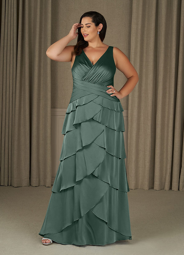 Azazie Viola Mother of the Brides Dresses Sea Moss A-Line Pleated Stretch Satin Dress image1