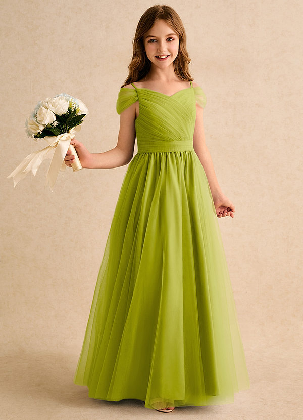 Azazie Yuna Girls Formal Flower Girl Dresses Lemongrass A-Line Off the Shoulder Tulle Dress image1