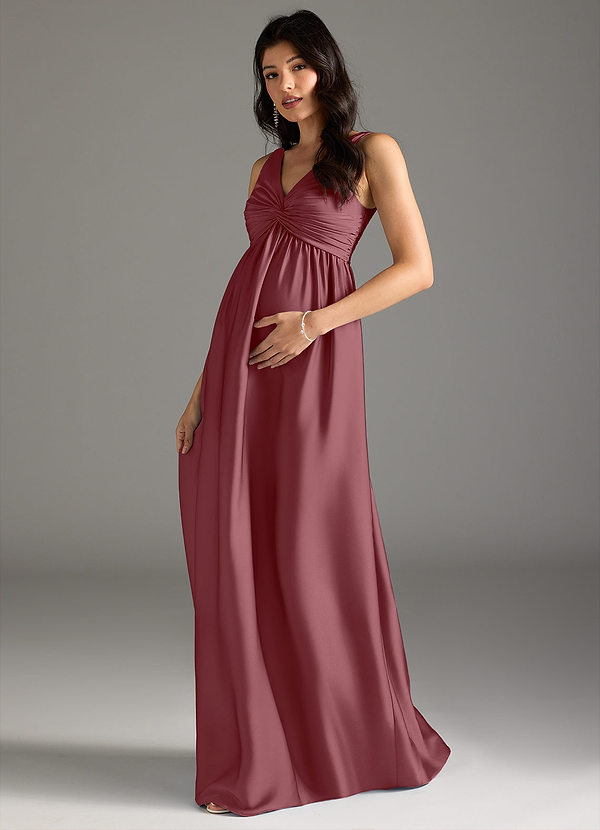Azazie Yetta Maternity Bridesmaid Dresses A-Line Pleated Stretch Satin Floor-Length Dress image1