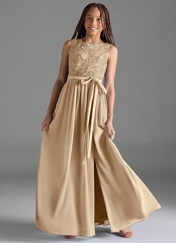 Azazie Elly Junior Robe Trapèze en Mousseline de soie Dentelle Champagne image1