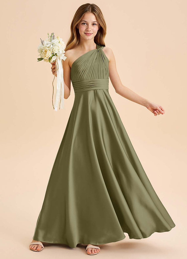 Azazie Charlize Junior Abito A-Line in Raso Elasticizzato Plissettato Pistacchio image1