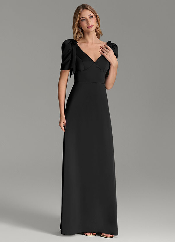 Azazie Asher Bridesmaid Dresses Black A-Line with Pockets Stretch Satin Dress image1