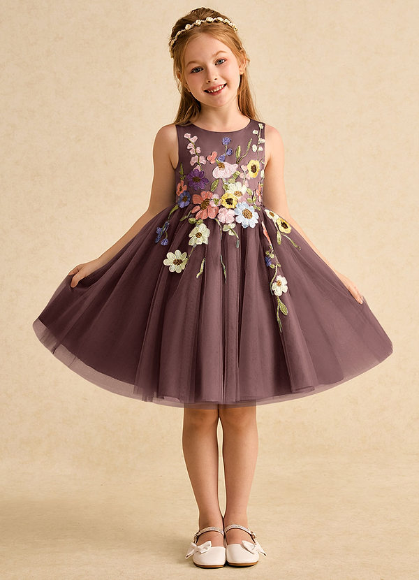 Azazie Prima 플라워 걸 드레스 A라인 절하다 얇실버 명주 그물 무릎 길이 드레스 image1