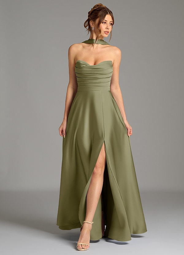 Azazie Ayla Bridesmaid Dresses Pistachio A-Line Corset Stretch Satin Dress image1