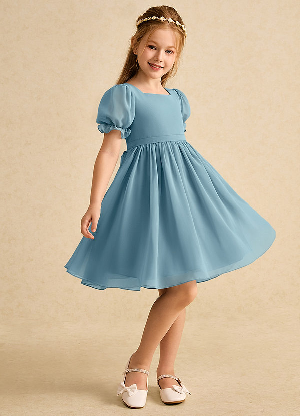 Azazie Jolie Robes de Fillette d'Honneur Robe Trapèze en Mousseline de soie avec manches Bleu Maussade image1