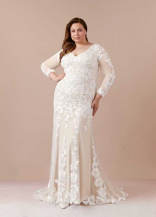 Azazie Dulce Amor Wedding Dresses Diamond White Champagne Mermaid V-Neck lace Tulle Dress image1