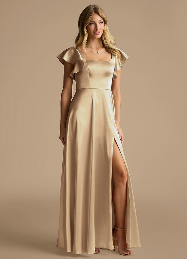 Azazie Bondi Bridesmaid Dresses Champagne A-Line Bow Metallic Satin Dress image1