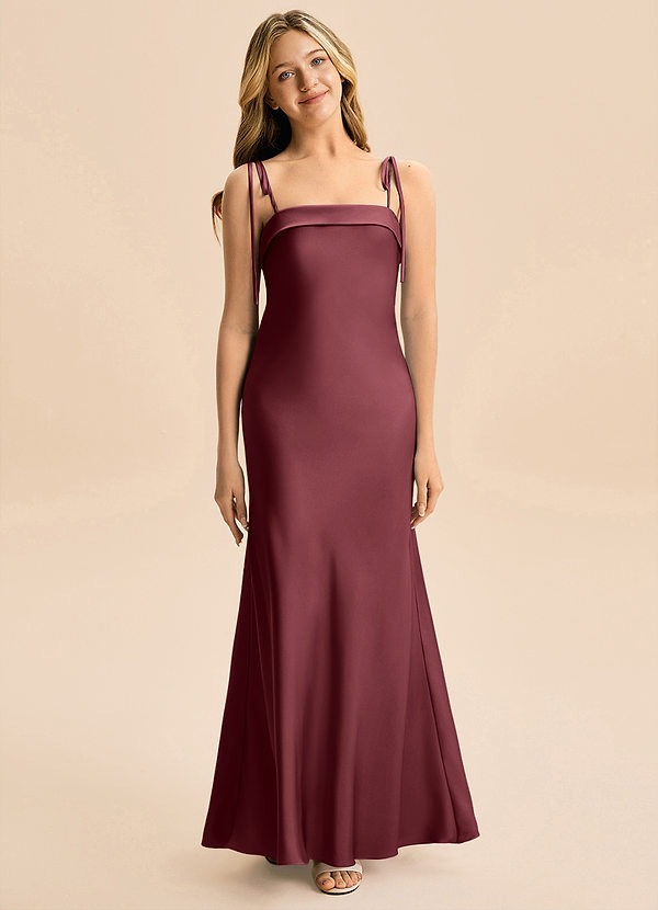Azazie Willa Junior Vestido Merlot de Satén Elástico de Corte Sirena con Lazo image1