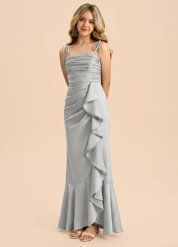 Azazie Ryan Junior Silver Sheath Bow Stretch Satin Dress image1