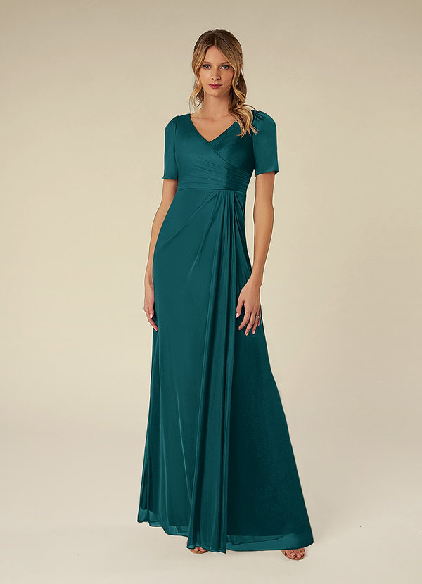 Azazie Bessie Mother of the Brides Dresses Peacock A-Line Pleated Mesh Dress image1